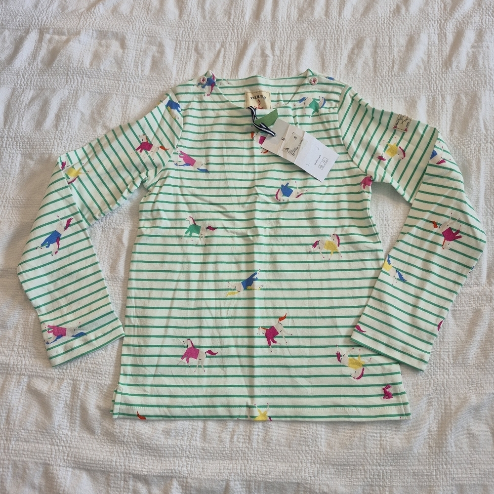 Joules girls 9 years long sleeve white with green stripe horse print shirt NWT
